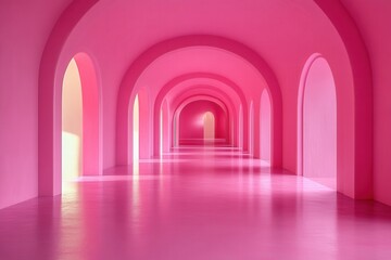Obraz premium A vibrant pink corridor with arched openings and reflective flooring.