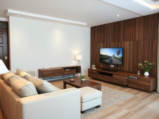 Fototapeta premium Modern wooden living room with a sleek TV set and comfortable sofa, wooden, minimalist