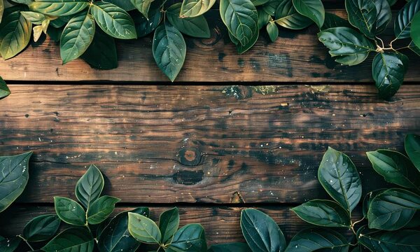 Green leaves bordering top edge of rustic wooden background