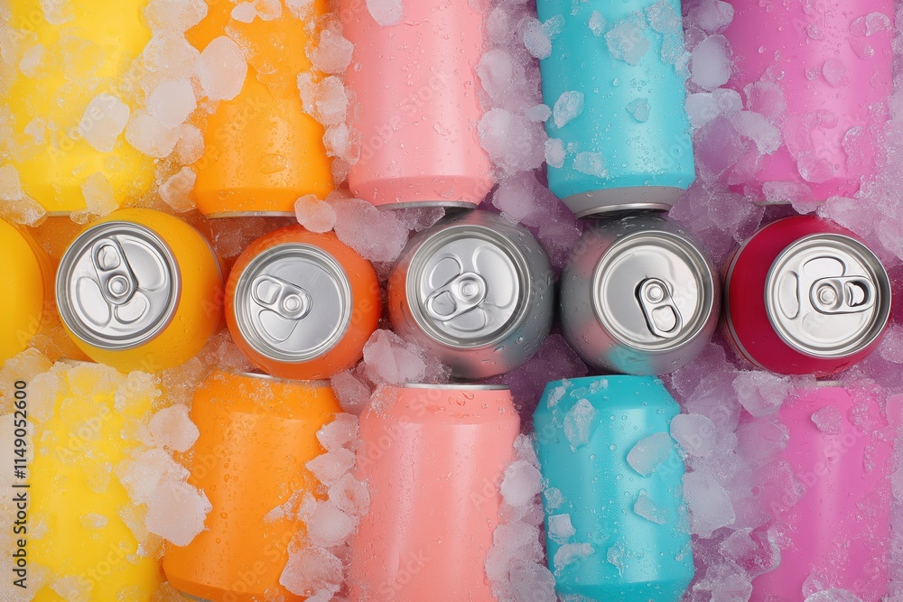 Poster a row of colorful cans of soda are sitting in a cooler filled with ice. the cans are arranged in a r