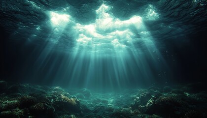 Fototapeta premium Sunbeams Illuminate Underwater Coral Reef Scene