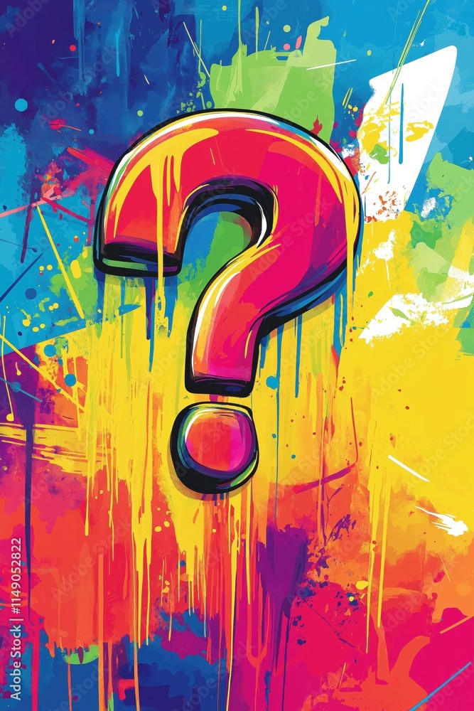 Aufkleber a colorful painting with a question mark in the middle. the painting is abstract and has a lot of di