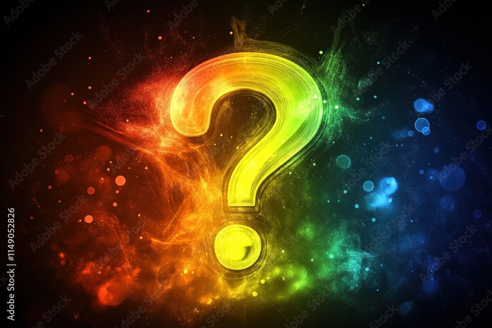 Poster a colorful question mark is surrounded by a colorful explosion of light and color. concept of curios