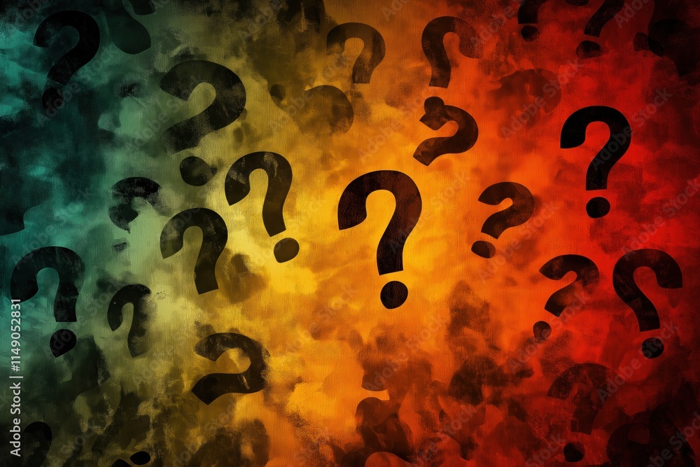 Poster a colorful background with many black questions. the questions are scattered all over the background