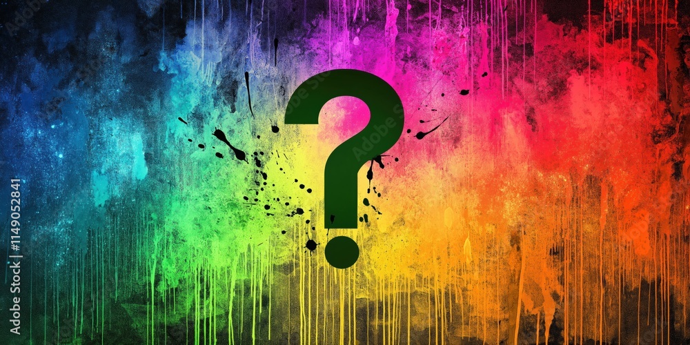 Poster a colorful background with a question mark in the middle. the background is a mix of different color