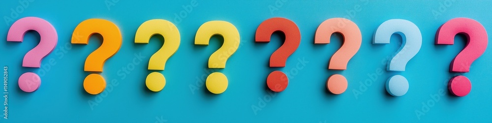 Poster a row of colorful questions are displayed on a blue background. the questions are arranged in a row,