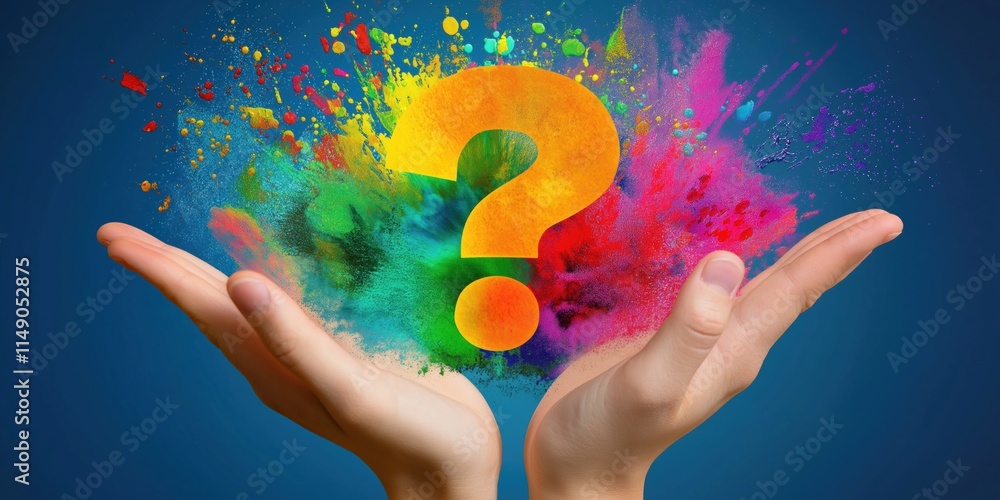 Poster a hand holding a colorful explosion with a question mark in the middle. concept of curiosity and won