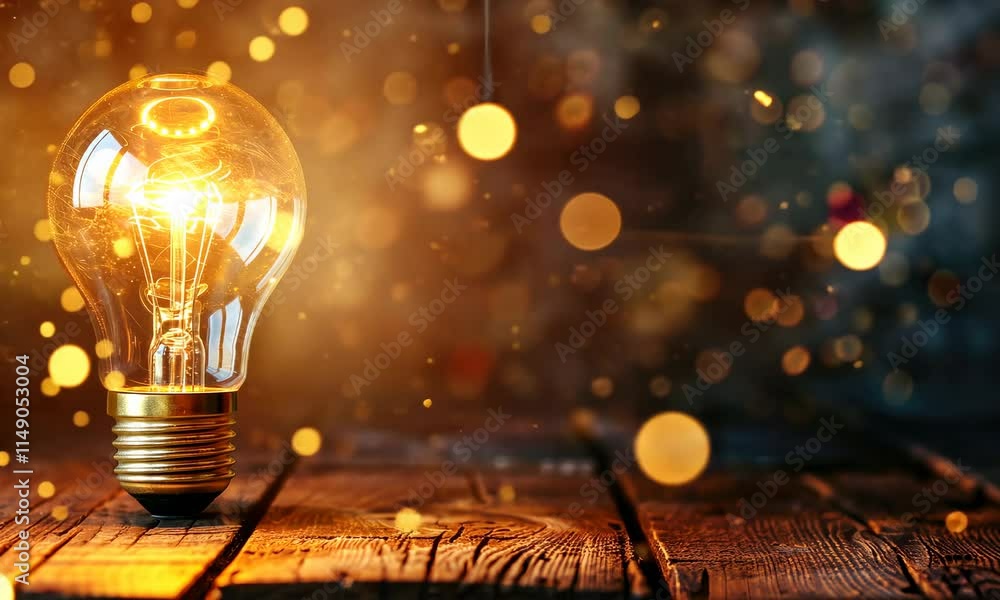 Poster illuminated light bulb on wooden surface with sparkling bokeh background
