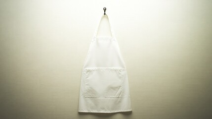 Clean white apron hanging on a hook against a light beige wall.