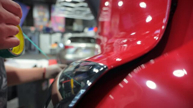Process of applying a PPF film to a car. Worker uses a blue tape to remove the rest of PPF film. Close up footage of applying a film on a car. 