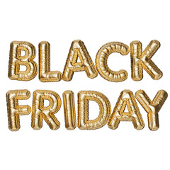 BLACK FRIDAY SALE. The inscription in the form of golden balloons. 3D illustration of inflated letters. Sale banner on a transparent background. PNG file for sleek and modern promotional materials.