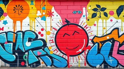 Obraz premium A colorful and vibrant outdoor background featuring a variety of artistic elements such as graffiti, murals, and street art, pattern, design, modern