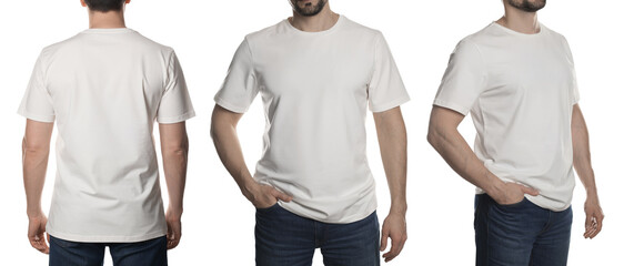 Man in white t-shirt, closeup. Collage of photos on white background. Mockup for design