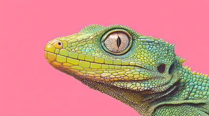 A close up of a green gecko on a pink background. Basilisk. Illustration