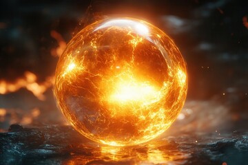 A glowing, fiery orb surrounded by dark textures, suggesting energy and heat.