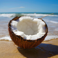 Halved Coconut on Tropical Beach with Golden Sand, Clear Blue Sky, and Sparkling Sea - Natural Freshness and Tropical Paradise