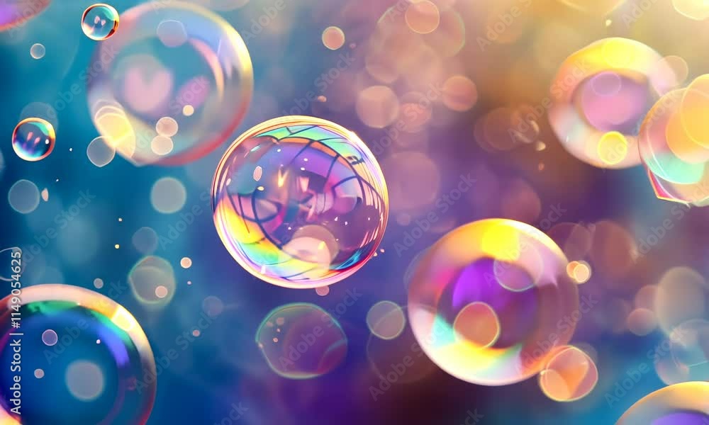 Poster colorful soap bubbles floating with bokeh effect