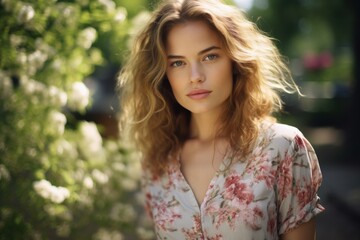 Naklejka premium A woman with long brown hair and a floral dress is standing in front of a tree
