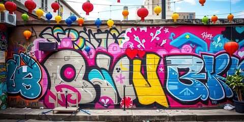 Obraz premium A vibrant and artistic outdoor mural decorating a brick wall in a bustling city square, street art, decoration, aesthetic