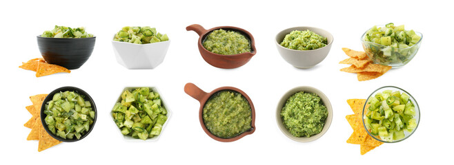 Delicious salsa sauce in bowls isolated on white, collage. Top and side views