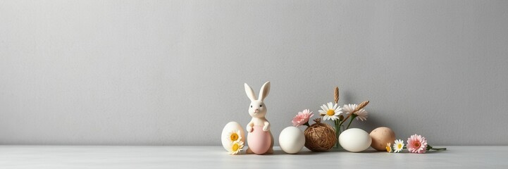 Obraz premium Easter eggs, flowers and bunny figurines on textured grey concrete background, figurines, composition, minimalistic