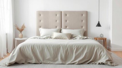 Modern scandinavian bedroom with a spacious king size bed adorned with cozy linens and fluffy pillows, king size bed, cozy