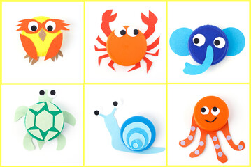 tinkering with children, preschool hour teaching activity, collection of colorful, handmade animal crafts made from bottle caps. owl, turtle, elephant, crab, snail, and octopus.