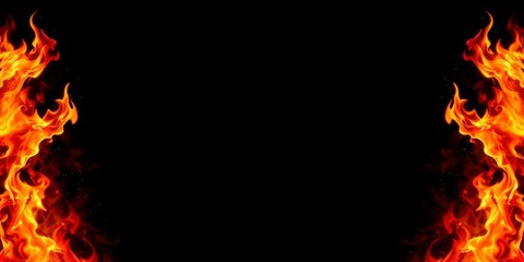 Fiery flames blazing on a dark black background, heat, heat