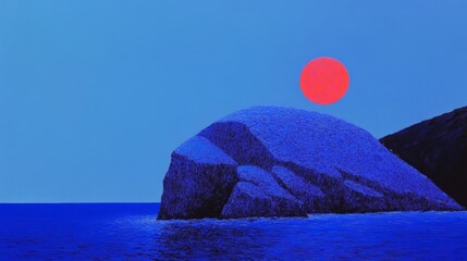 A captivating seascape with a stunning sunset over a vast ocean and majestic rocks