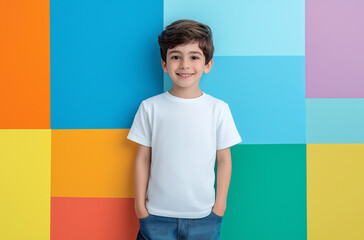 Smiling Boy in White TShirt Against Colorful Blocks