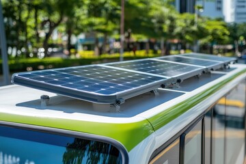 A close-up of solar panels installed on the roof of a bus, promoting renewable energy and sustainable transportation.