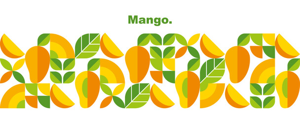 Mango. Abstract geometric design with tropical fruits, leaves and slices.Set of icons in simple flat style. Elements isolated on a white background. Banner template. Organic food. Vector illustration.