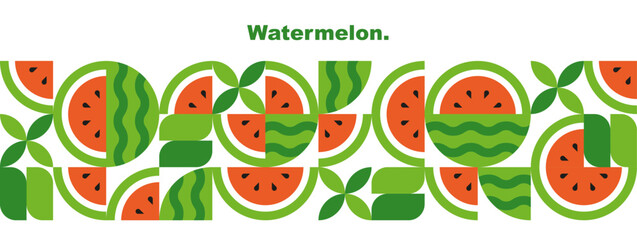 Watermelon. Abstract geometric design with fruits, leaves and slices.Set of icons in simple flat style. Elements isolated on a white background. Banner template. Organic food. Vector illustration.