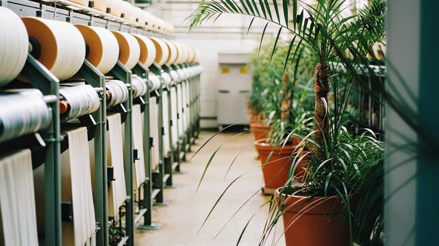 Rows of machines humming as they process natural fibers into plush textiles that will eventually decompose surrounded by potted plants for a green ambiance.