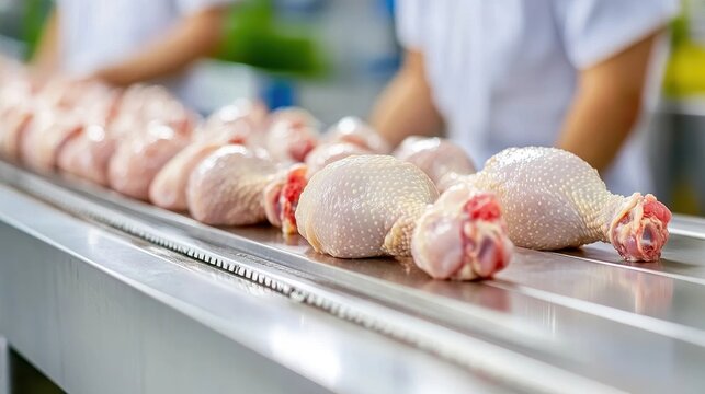 Raw chicken drumsticks moving along a conveyor belt in a food processing plant, representing poultry production.
