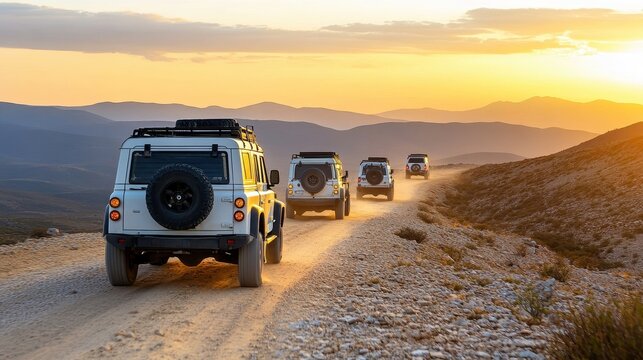 A convoy of off-road vehicles driving along a dusty trail at sunset, representing adventure, exploration, and outdoor travel.