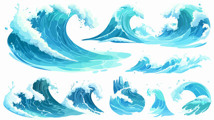 Fototapeta premium Cartoon Blue Sea Waves Collection for Designers. Ocean Wave Illustrations Set for Projects