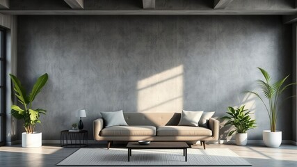 Minimalist living room with dark green concrete texture wall, neutral furniture, natural light, plant accents, wall background, interior design, plant accents