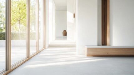 Fototapeta premium Simple modern entryway with white and soft oak accents. Featuring a clean, bright design with minimal decoration