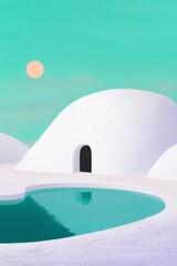 A beautifully serene minimalist landscape featuring a stunning pool and warm sunshine