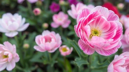 Close up of delicate pink and white ranunculus flowers in full bloom, nature, spring