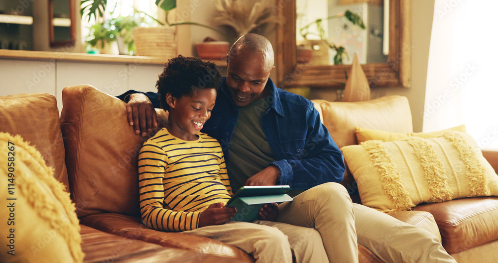 Poster dad, child and tablet on sofa for elearning, bonding and educational app in home. black family, man 