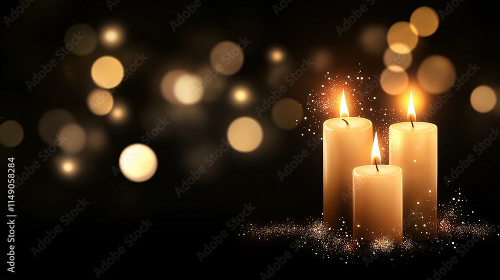 Poster set of three glowing candles burning softly in the dark, surrounded by sparkling lights creating a c