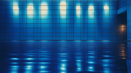 夜の青いタイルと反射が織りなすシンメトリープール