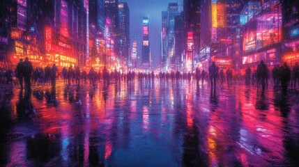 Obraz premium A vibrant, rainy cityscape with reflections and crowds illuminated by neon lights.