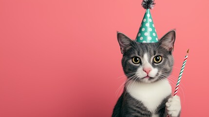 Celebrating feline fun cat birthday party pink background photo playful environment close-up view joyful concept