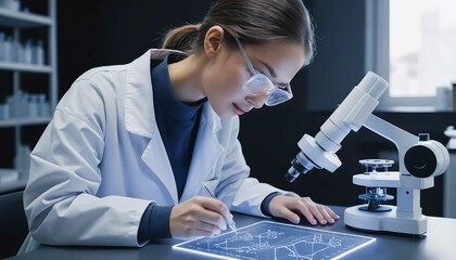 Medicine Development Laboratory: Asian Female Scientist Using Microscope, Analyzes Petri Dish Sample. Big Pharmaceutical Lab with Specialists