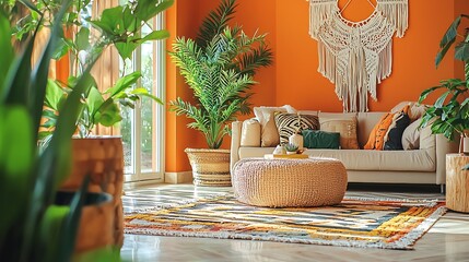 Sunny living room with orange walls, plants, bohemian decor, and a beige sofa.