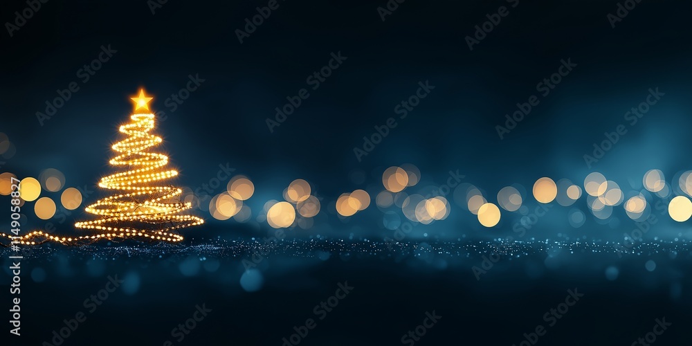 Poster Elegant Abstract Christmas Tree Illuminated by Soft Golden Lights Against a Mysterious Night Background with Bokeh Effects and Sparkling Highlights