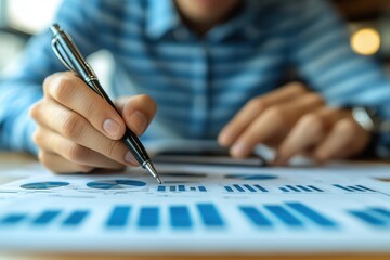 A person analyzing data with charts and graphs on a table, using a pen for notes.